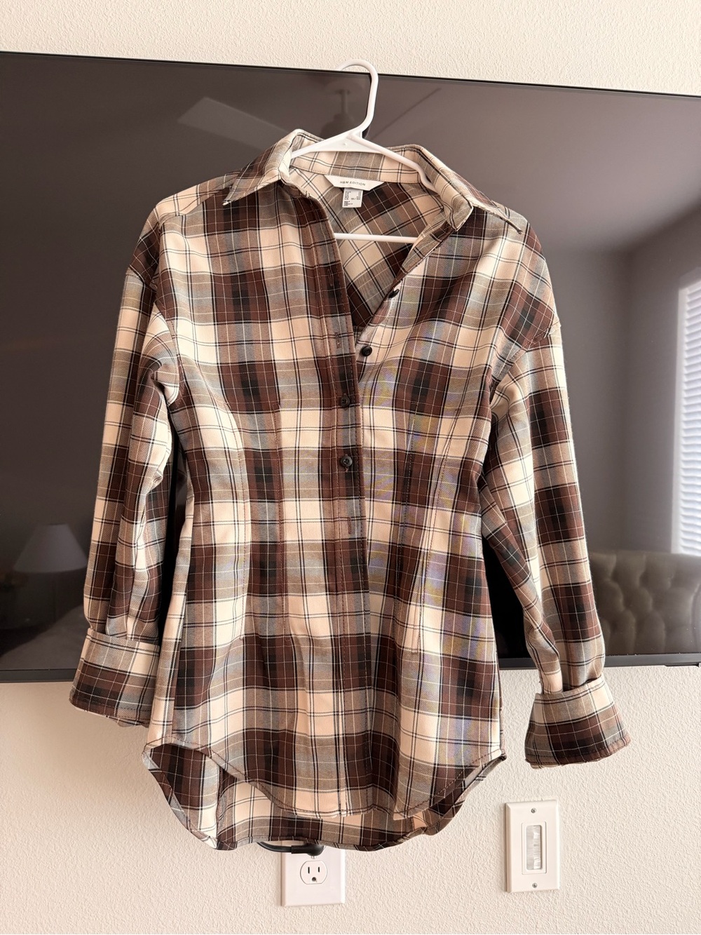 H&M Brown and Cream Plaid Short Sleeve Shirt